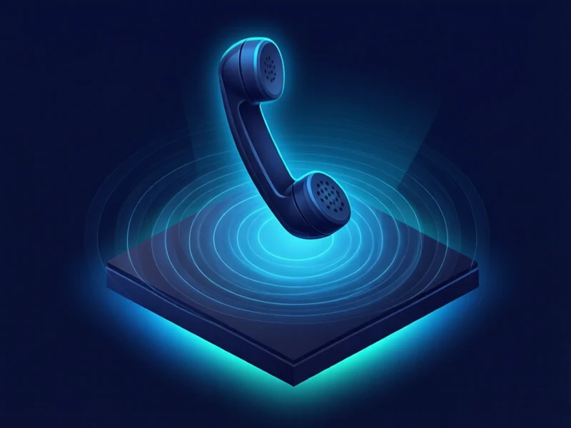 Un auricular de teléfono flotando sobre una plataforma oscura con ondas concéntricas debajo.